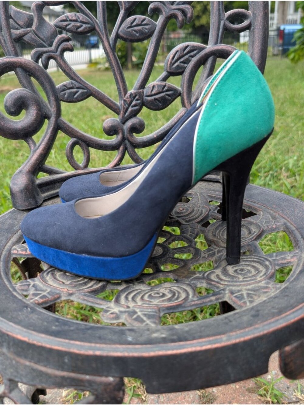 Nine & Co Navy Blue Green Color-Block Suede Platform Stiletto Heels Size 9
